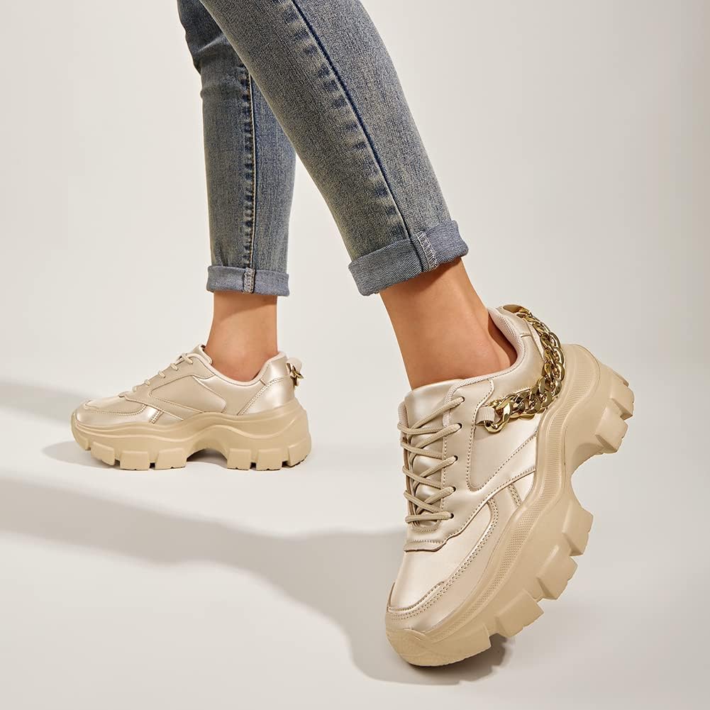 LUCKY STEP Women Chunky Platform Dad Colorblock White Neon Green Fuchsia Hologram Silver Casual Lace-Up Walking Sneakers - Image 6