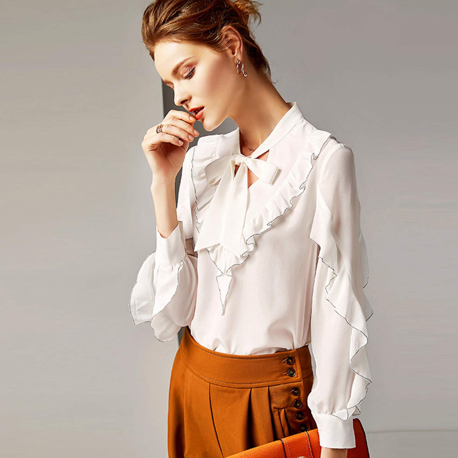 Camicia Bianca Basic in Seta, Blusa A Maniche Lunghe A Farfalla Dolce, Abbigliamento da Intervista