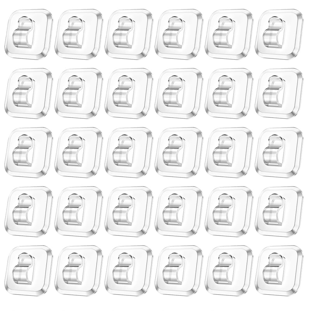 30 Pcs Clear Adhesive Light Hooks - Damage Free Indoor Cable Clips for String Lights - Mini Command Hook Style Hangers for Christmas, Fairy & Cord Management