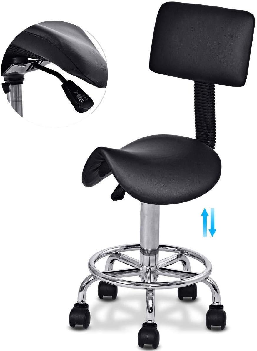 Safeplus Adjustable Hydraulic Rolling 360-degree Swivel Salon Stool Chair, Tattoo Massage Saddle Chair Facial Spa Saddle Stool with Back Rest