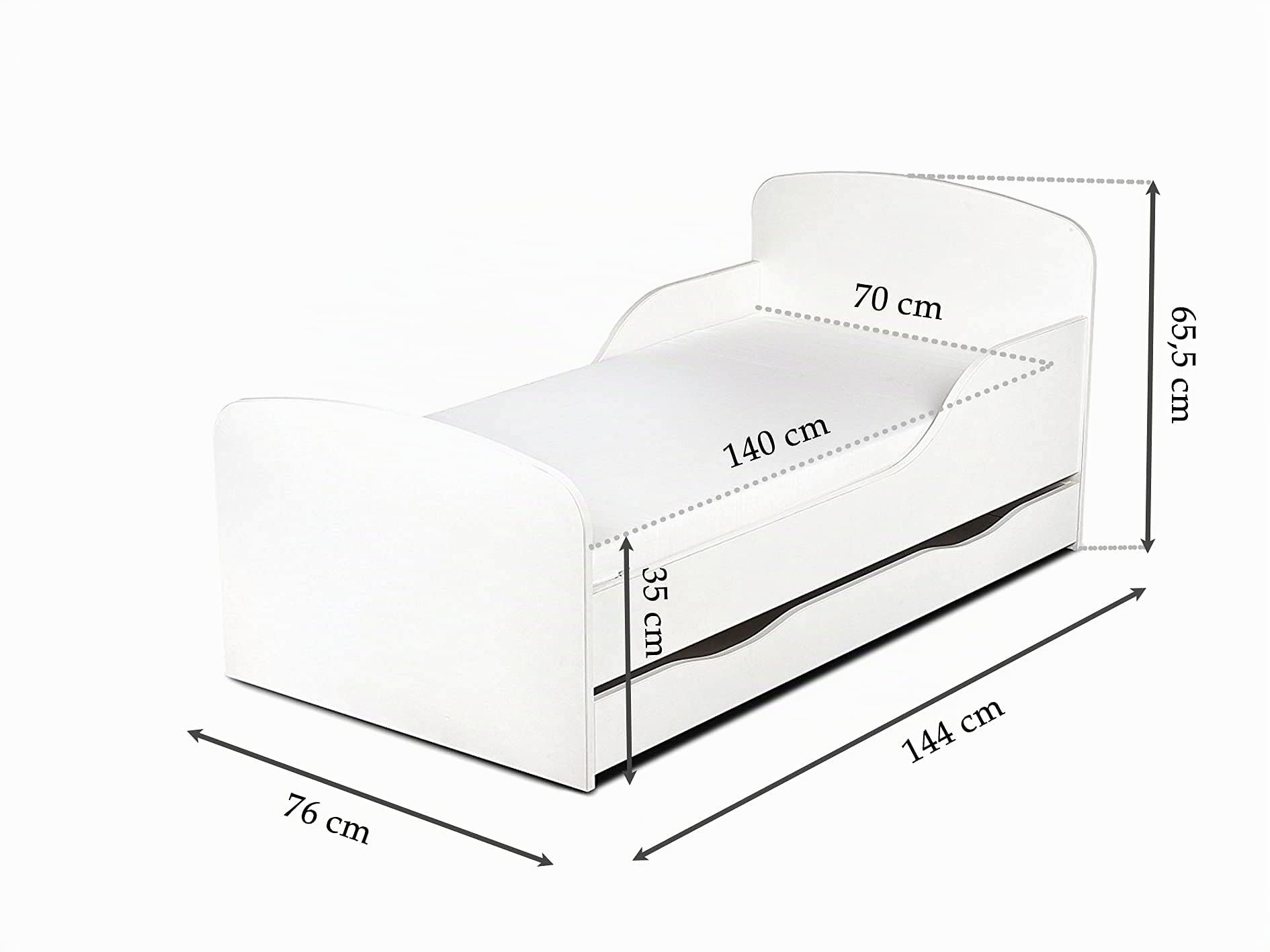 leomark Cama Infantil Completa de Madera - Dino - Marco de Cama, Colchón y Cajón, Somier, Blanco Muebles para Niños, Moderno Dormitorio, Espacio para Dormir: 140/70