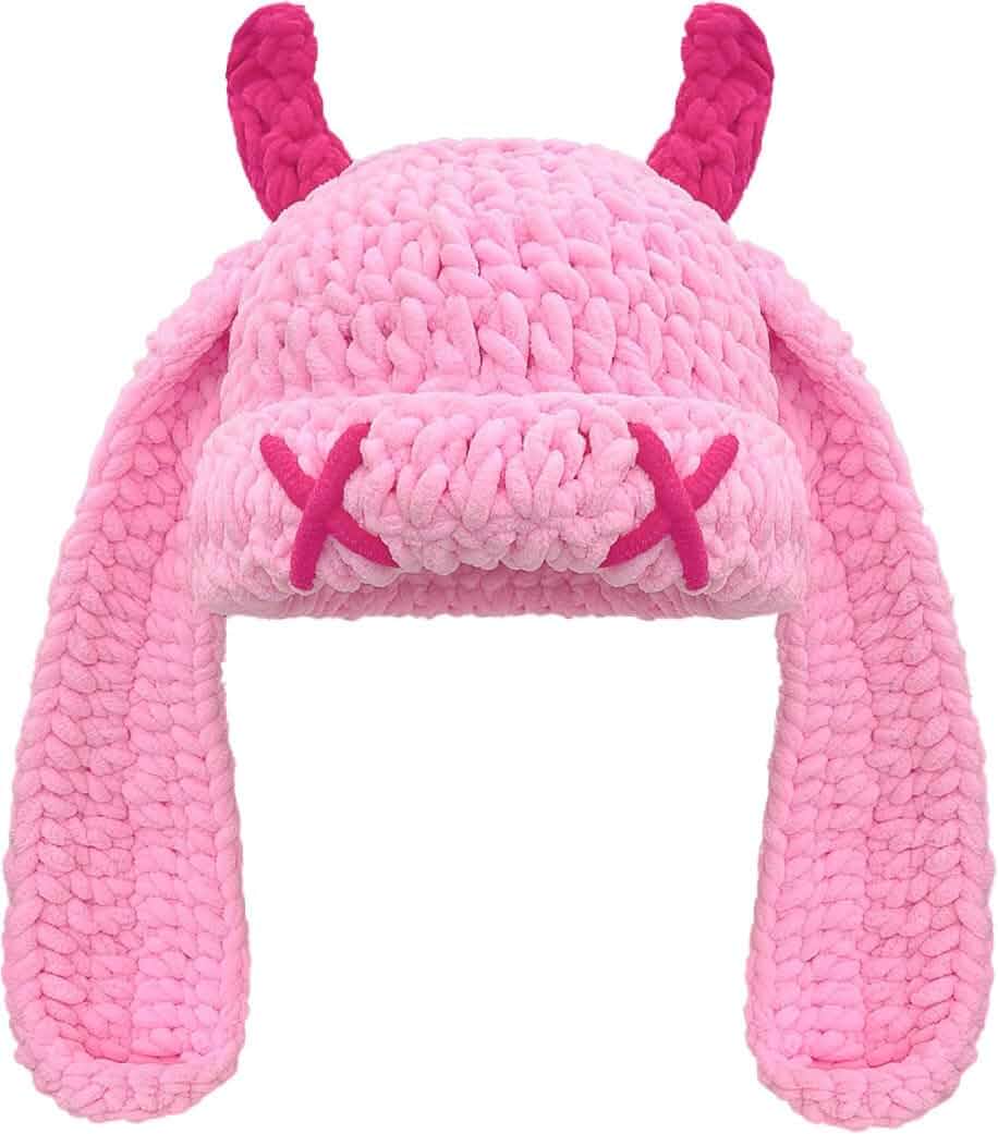 Bunny Chunky Beanie with Devil Horns Cute Chenille Crochet Hat with Long Floppy Ears Pastel Goth Rabbit Winter Skull Cap