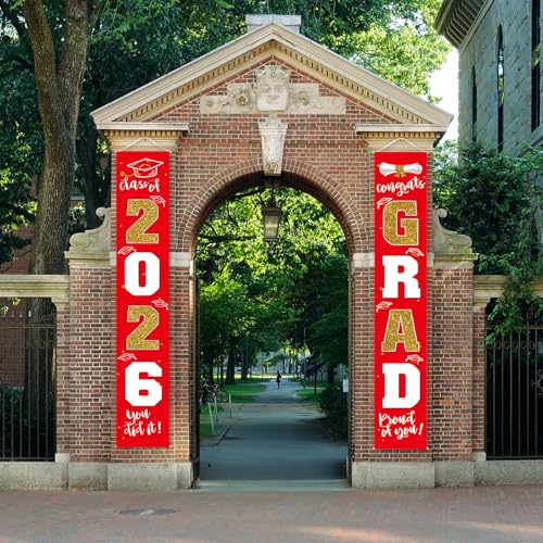 Image of Graduation Decorations 2026 Banner Porch Sign Red Gold for Class of 2026 Graduates Party Supplies