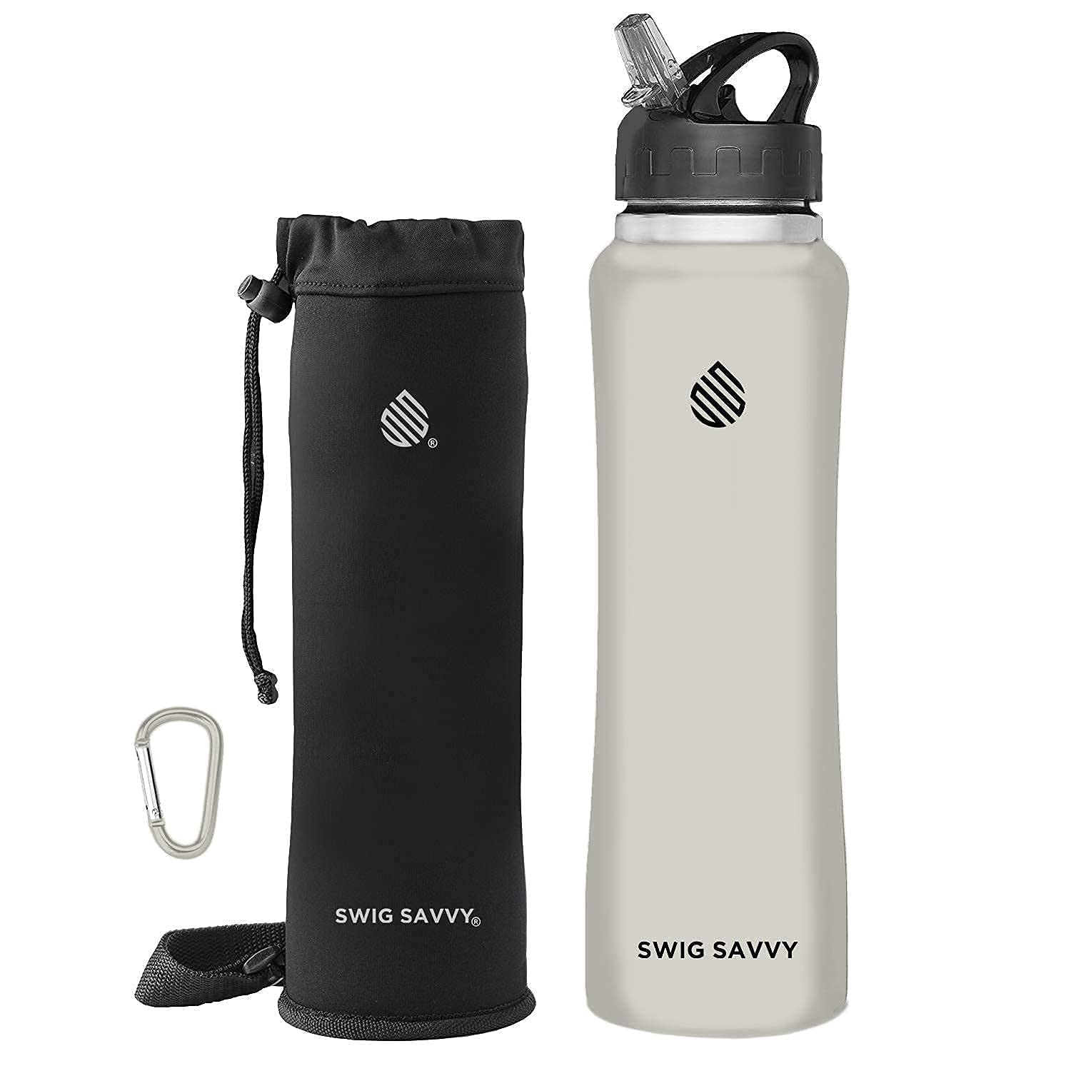 Swig Savvy Sports Water Bottle, Vacuum Insulated Stainless Steel, Straw Leakproof Lid, Storage Sleeve - 32oz (Gray)
