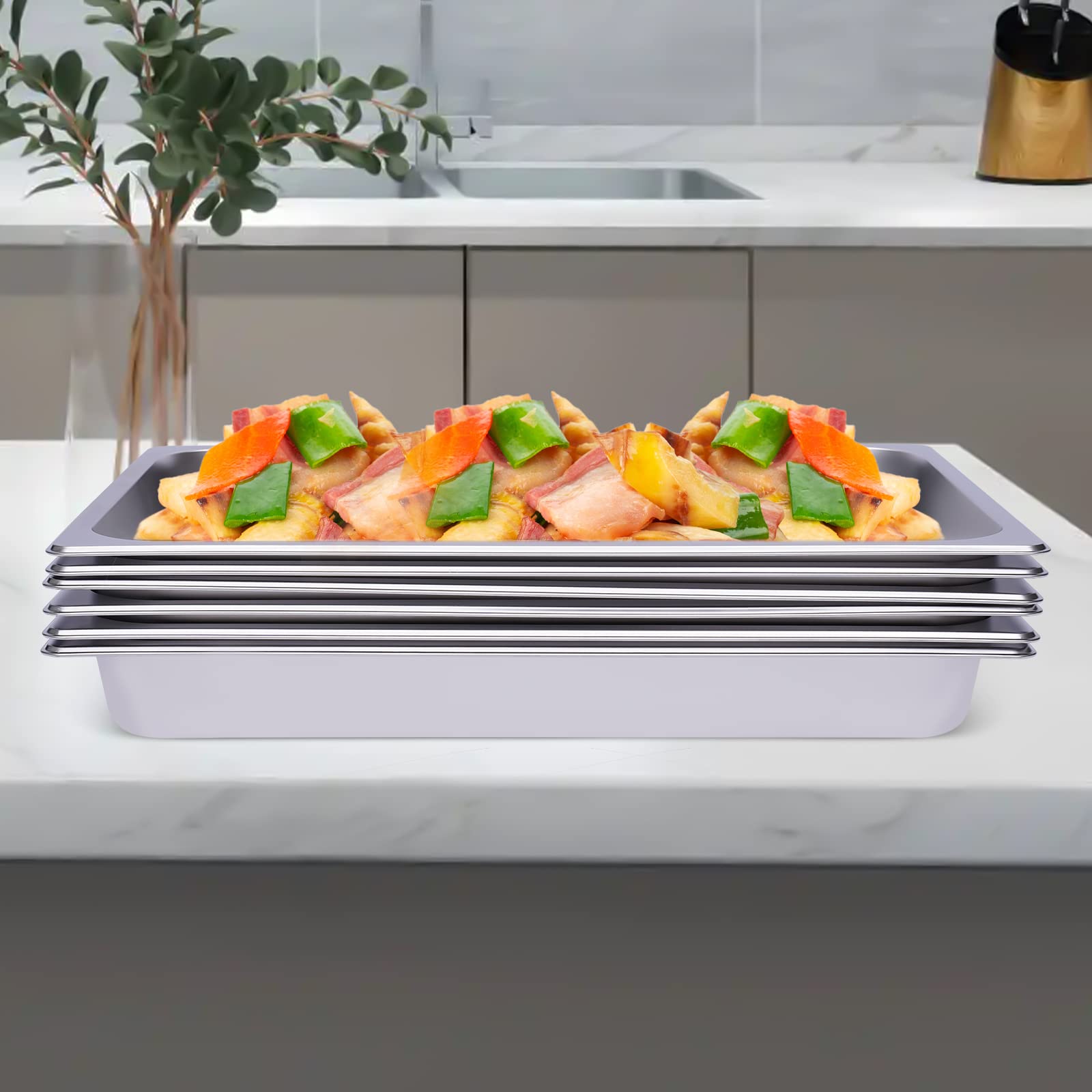 Set di 6 vassoi per alimenti GN 1/1 in acciaio inox, 53 × 33 × 6 cm, 0,7 mm, piatto da forno, contenitore per gastronormo impilabile per buffet, ristorante, cantina