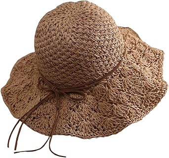 Womens Crochet Straw Hat Wide Brim Summer Beach Sunhat Foldable Floppy Fedora Hat UPF 50+ UV Protection Travel Sun Cap