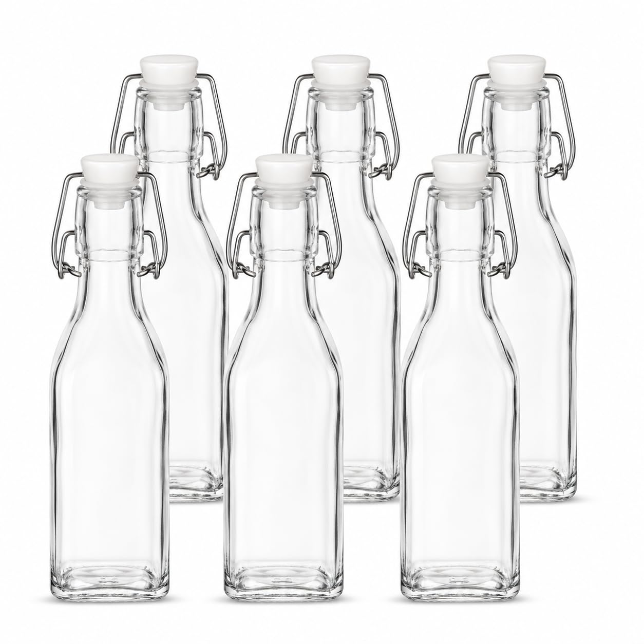 Glass Bottles with Stoppers 250ml | 6 Pack Clip Top Preserve Bottles | Airtight Swing Top | Ideal for Juice, Milk, Oil, Vinegar, Syrups, Sauces & Homebrew | Vintage Style Vacuum Seal (250ml)