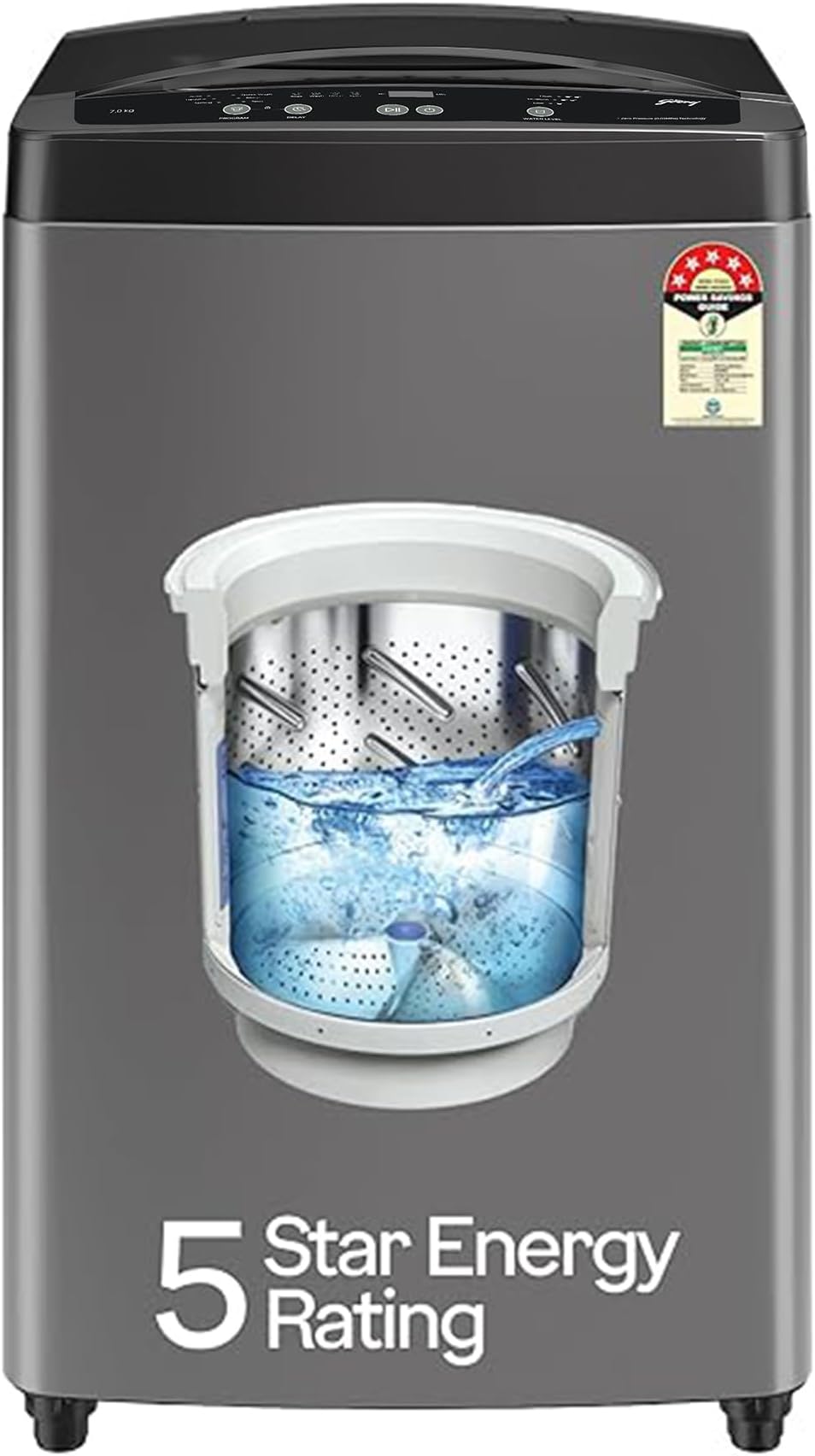Godrej 7 Kg 5 Star, AI Powered, Zero Pressure Tech Fills Tub At ~0 Water Pressure, Auto Balance system, Steel Drum, Fully Automatic Top Load Washing Machine (WTEON ALP 70 5.0 FDTN GPGR, Graphite Grey)