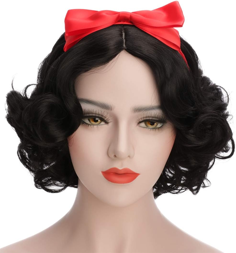 Adult Women Short Bob Wave Black Cosplay Wig with Red Bow Princess Halloween Costume Anime Party Wig