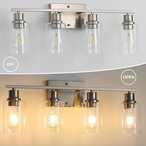 Miniatura 72 de Lámparas de pared modernas de 3 luces doradas para tocador de baño, luces de pared de latón cepillado con pantallas de vidrio transparente, Oro