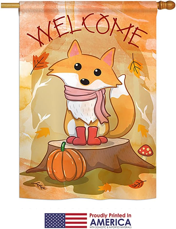 Welcome Fall Foxy House Flag Falltime Harvest Autumn Scarecrow Pumkins Sunflower Leaves Season Autumntime Gathering Small Decorative Gift Yard Banner Made In USA 28 X 40