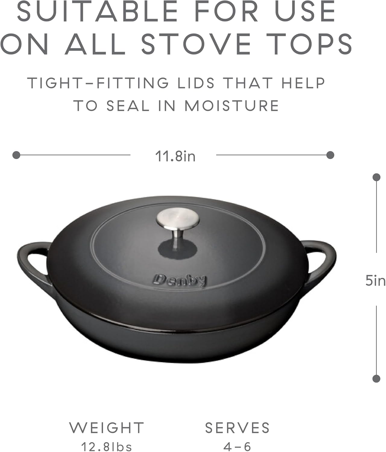 Denby - Halo Black Cast Iron Casserole Dish Shallow - Dutch Oven, Oven Safe Pot, Enamelled - 3.8L Capacity, 11.8in - Serves 4-6 People