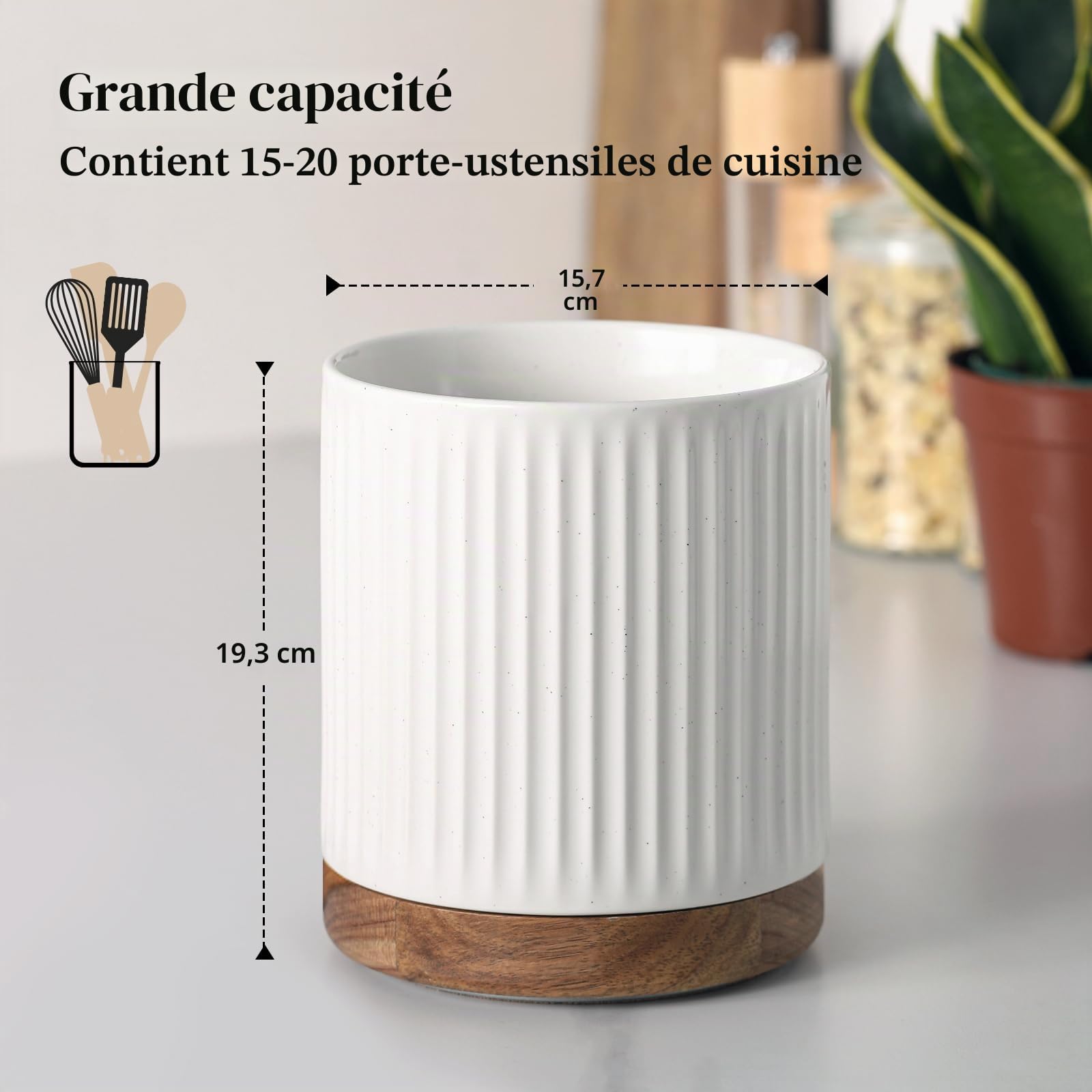 DOWAN Porte-ustensiles de cuisine rotatif en céramique, grand récipient pour ustensiles de cuisine, grand récipient pour cuillères de cuisine, rangement d'ustensiles de cuisine, blanc avec relief