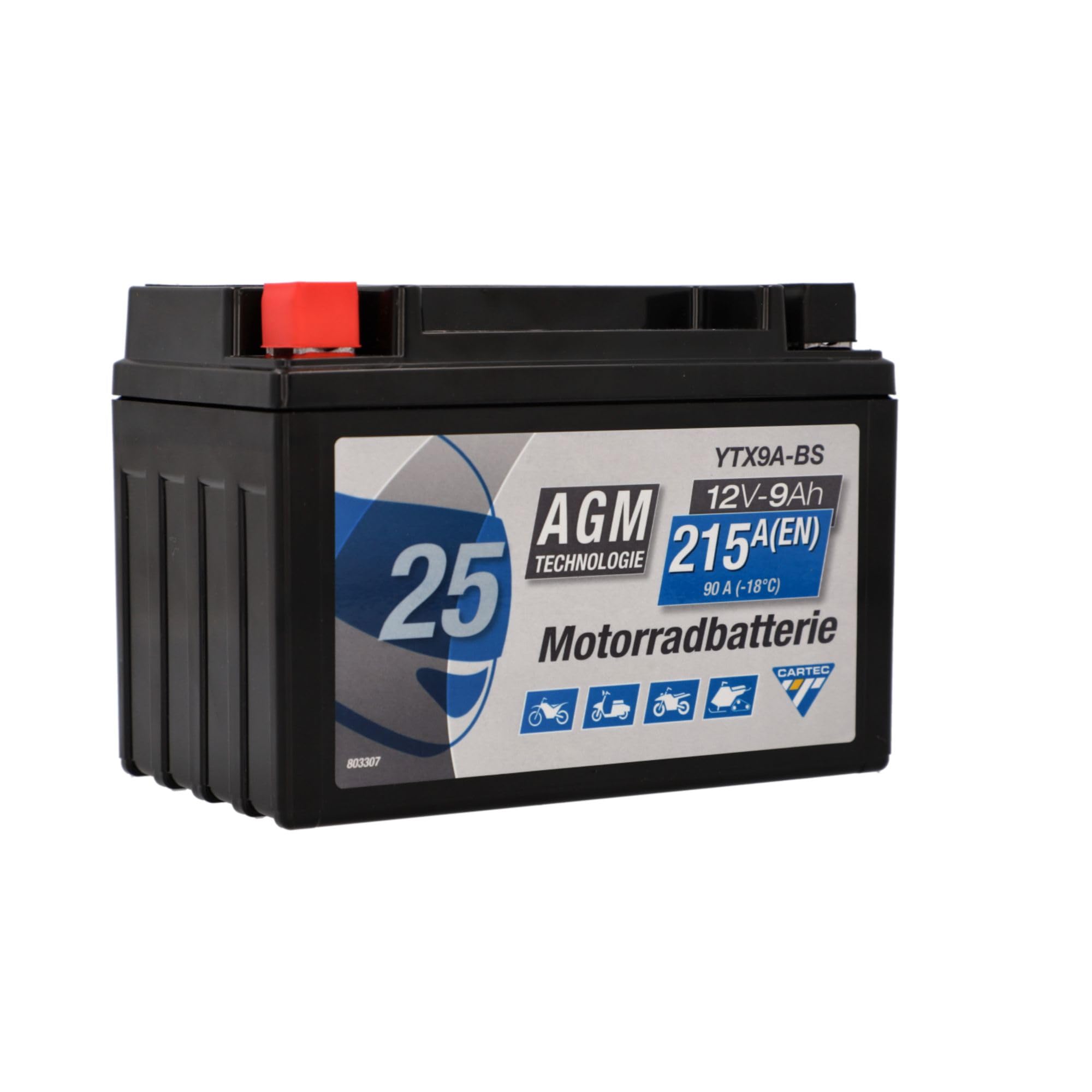 CARTEC YTX9A-BS AGM Motorradbatterie 9Ah 170A, wartungsfrei, auslaufsicher, vibrationsfest, hohe Kaltstartleistung, vorgeladen & versiegelt, für Motorrad, Roller, Scooter & Quad