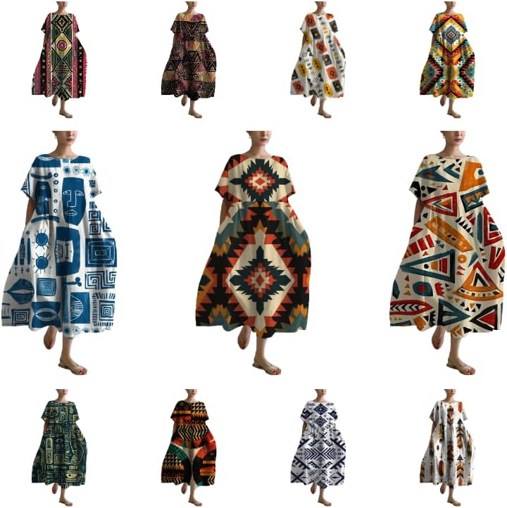 Summer Maxi Dress for Women Plus Size Casual Boho Ethnic Baggy Loose Fit Crew Neck Short Sleeve Beach Dress - Image 4