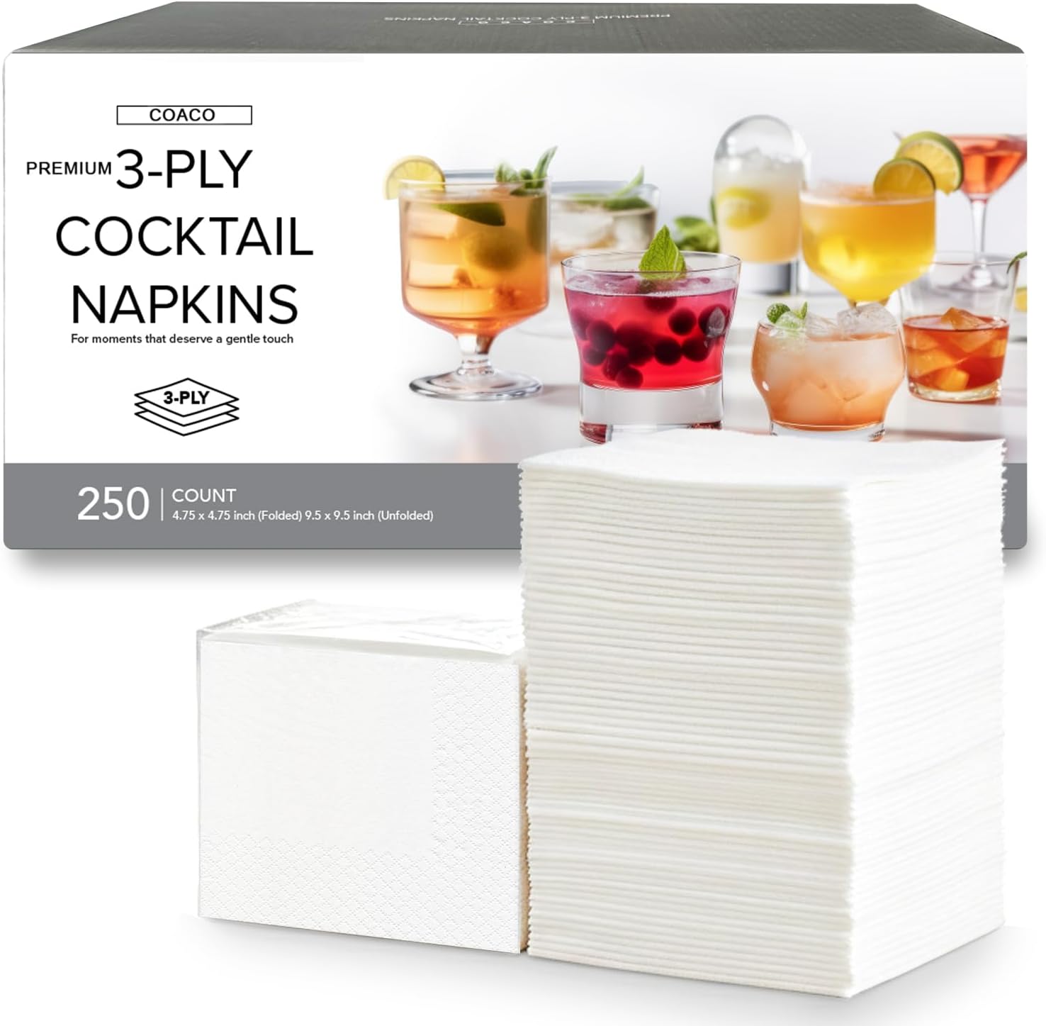 COACO Cocktail Napkins 250 Count, Premium 3-Ply Extra Absorbent Linen-Feel Beverage Napkins for Weddings, Bars, Parties, Catering Events & Home-4.75” x 4.75” Folded Square Paper Serviettes