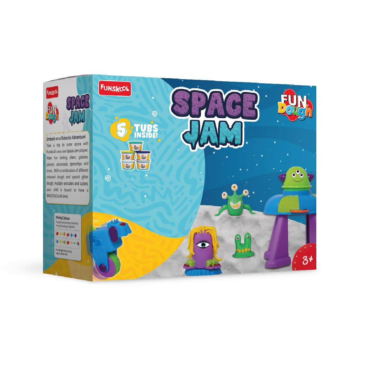 Funskool Fundough Playset Space Jam, pretend play, Space Themed to make Planets, Galaxies, Aliens, Astronauts, Spaceships, 5 tubs of Dough, Toys for Kids, Sculpting, 3 Years and Above, Multicolour