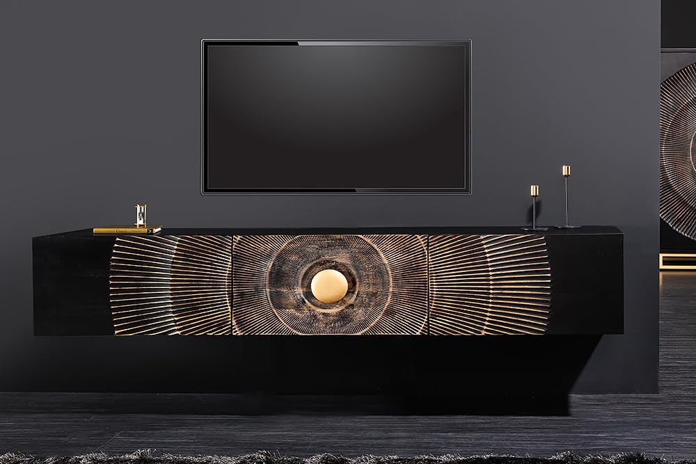 Riess Ambiente Hängendes TV-Lowboard GOLDEN Sunset 160cm schwarz Gold Mangoholz Handmade Wohnzimmerschrank Esszimmerschrank Hängeschrank