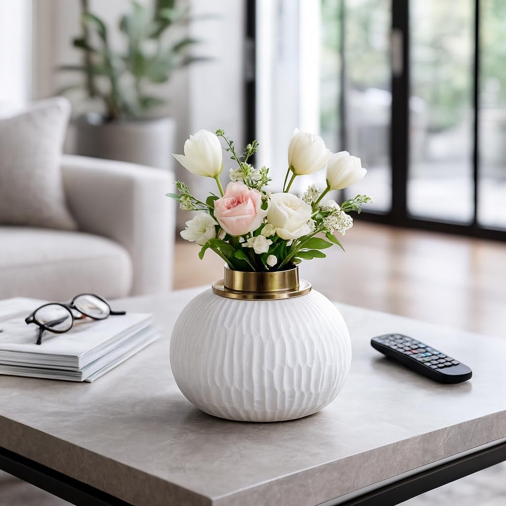 Pottery and Metal Vase for Living Room Decor - Modern Decorative Flower Vase for Dining Room, Bedroom, or Home Decor - Elegant House Accent for Office and Table Display - 6", White & Gold