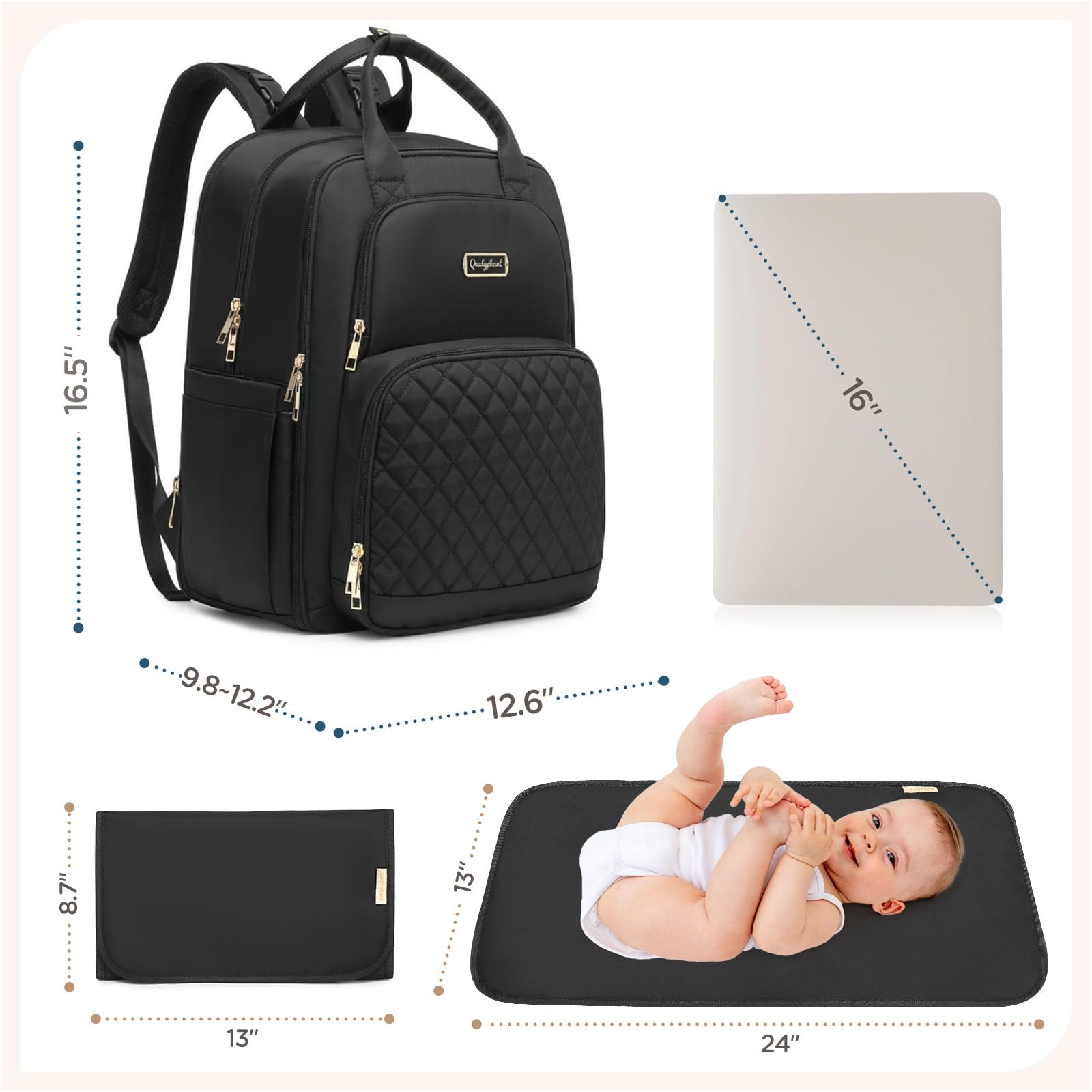 Qualyphant Mochila para pañales, expandible, 35 L, extra grande, para 2 niños gemelos, mochilas cambiadoras acolchadas para bebés