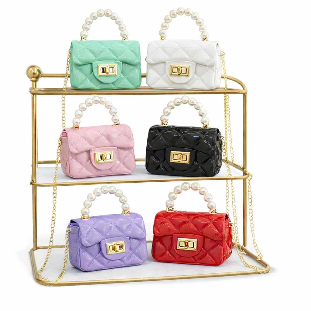 Mini Quilted Jelly Crossbody Bag for Girls, Pearl Handle, Gold Chain Strap, Random Colour-image-48