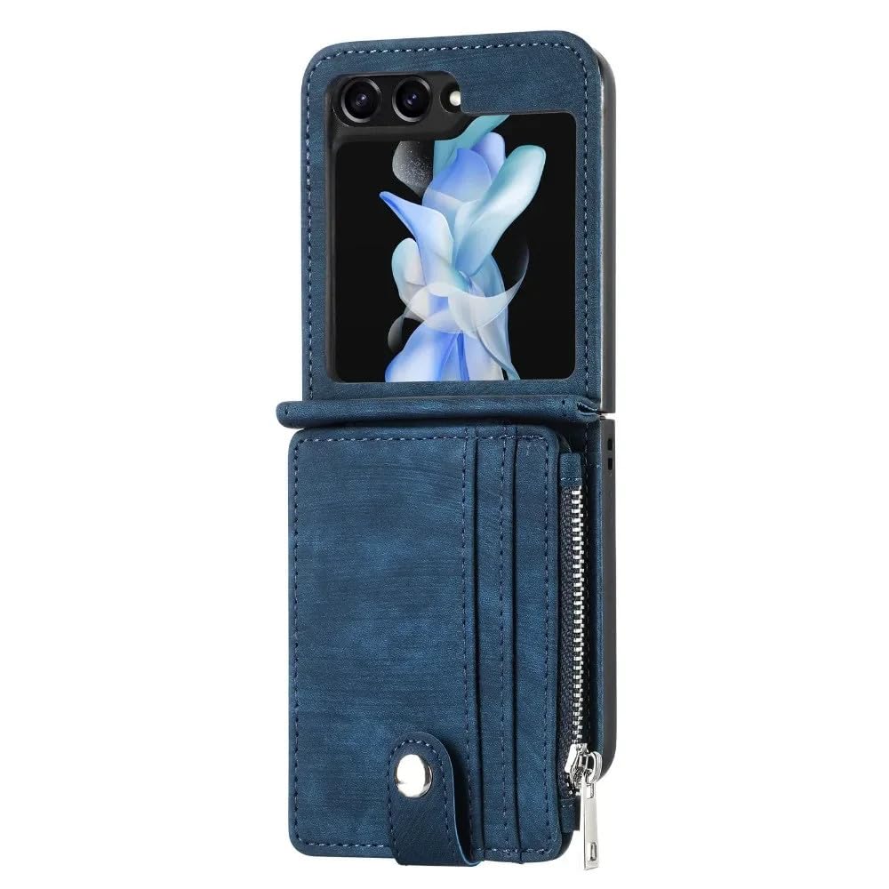 Funda de Cuero Tipo Billetera con Tarjetero extraíble para Samsung Z Flip 5 4 3 Flip5 Flip4 Flip3 5G, Azul Oscuro, para Galaxy Z Flip 3
