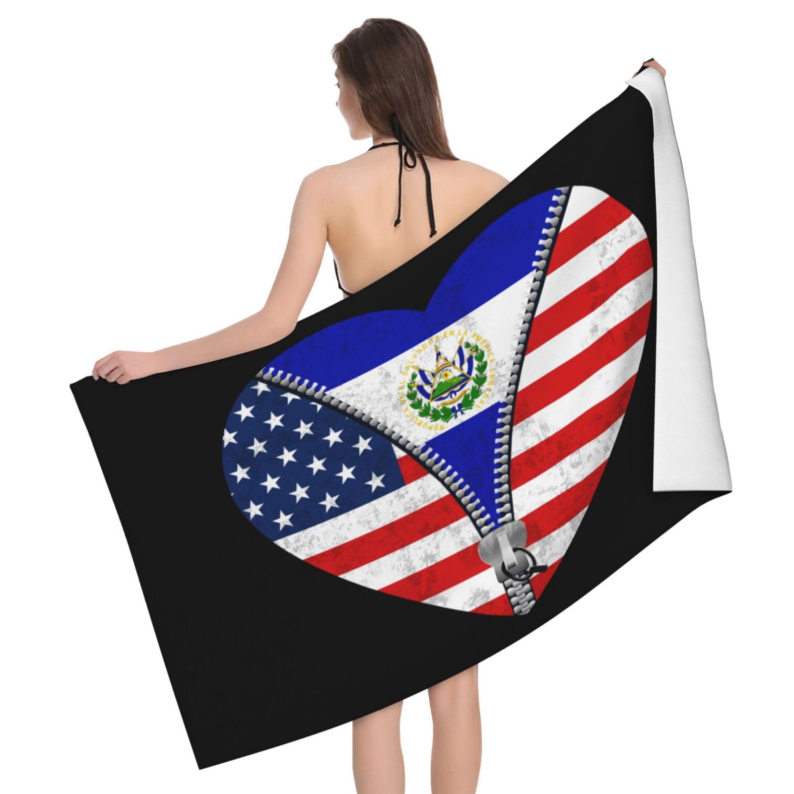 HLBSDM Microfiber Heart America Flag and El Salvador Flag Beach Towel Quick Dry Soft Sand Free Beach Towels for Pool Swim Beach Lightweight Thin Towels