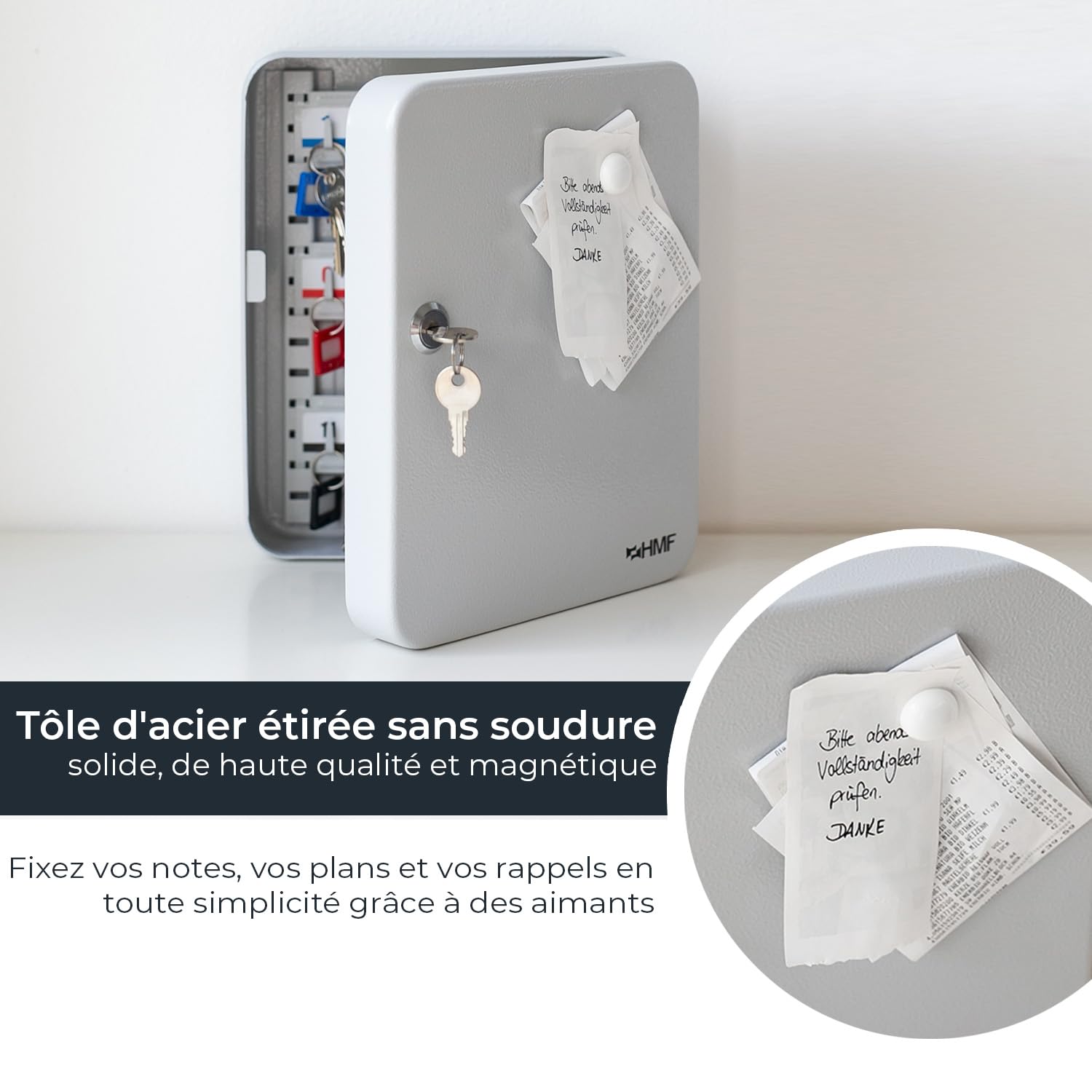 HMF Grande Armoire à clés en Acier, Coffret à clés verrouillable avec Serrure pour entrée, Bureau ou Garage | 40 Crochets pour clés | 30 x 24 x 7,5 cm | Gris Clair