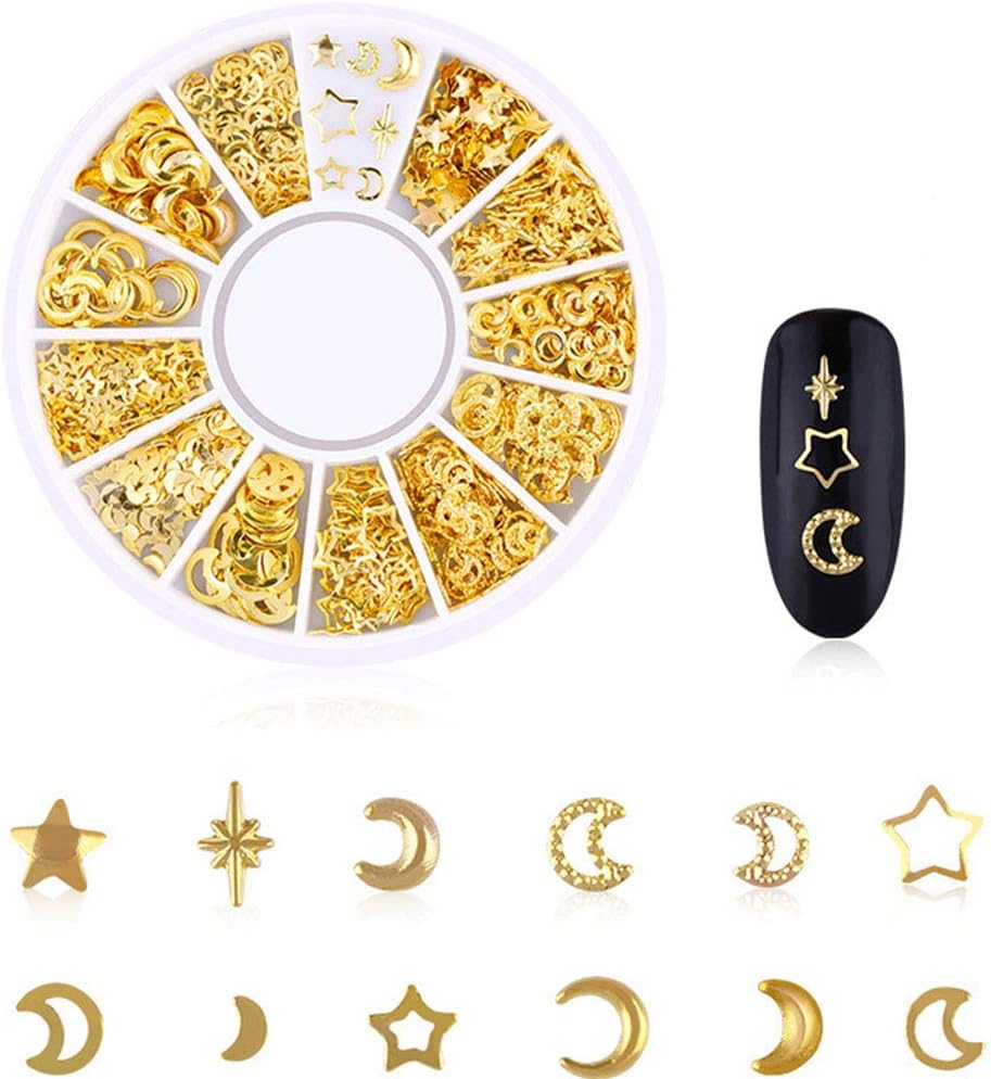 Metal Nail Studs Star Moon Hollow Patch Nail Diamond Nail Rivet Nail Art Flake for Crafts Nail Art Supplies Make Up DIY Decals Nail Decoration