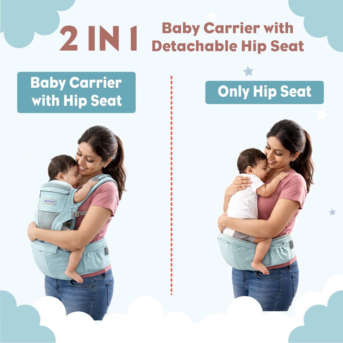MEDITIVE Baby Carrier with Detachable Hip Seat (3 in 1),Ergonomically Designed, 4 to 24 Months