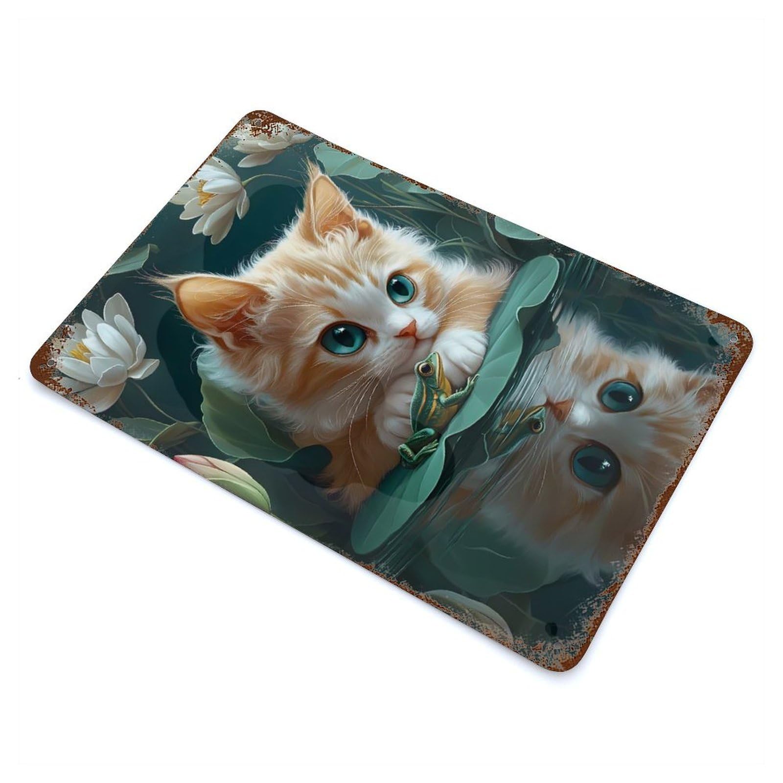 Kitten And Frog on Lily Pad Cornish Rex Cat Vintage Wall Sign 11.8"x7.9", Rust Effect Metal Decor for Office, Studio And Wall Decor