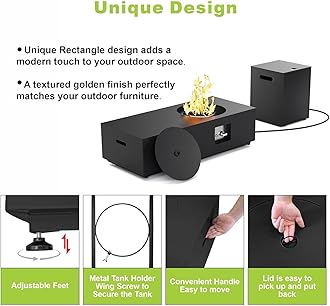 48" Rectangular Propane Firepit with Round Burner – 50,000 BTU Fire Pit Table with Lid, Rocks, Cover and Tank Storage – Outdoor Modern Fireplace for Deck or Patio (Black, 48" Standard)