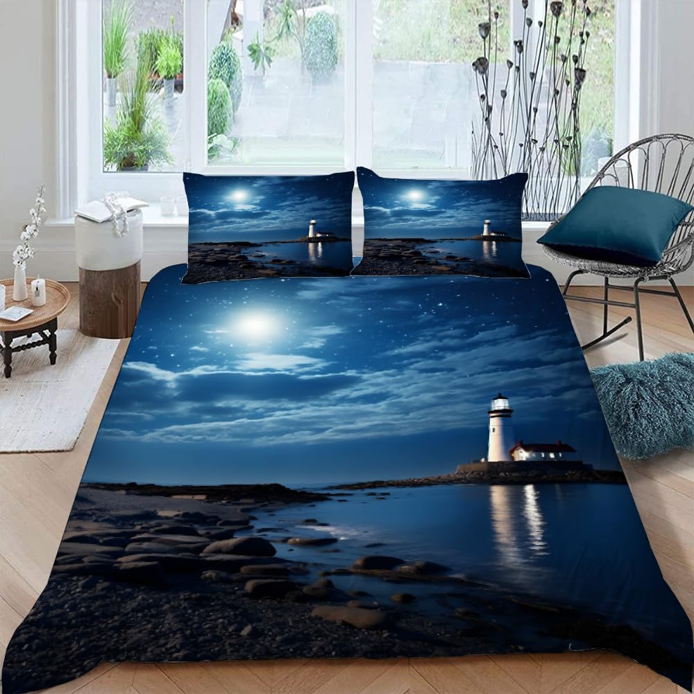 YUAUKIE Blue Ocean Duvet Cover Set, White Lighthouse Quilt Cover, Nautical Coastal Rock 3 Pieces Beddings for Modern Home Decor with 2 Pillowcases for