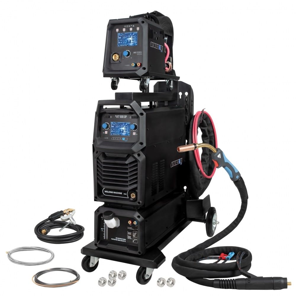 SPARTUS EasyMIG 500 DP LCD – Professionelles MIG/MAG Inverter-Schweißgerät IGBT mit Dual Pulse Synergie, Kühler, 4-Rollen-Drahtvorschub für Schweißen von Aluminium Stahl Edelstahl bis 500A 400V