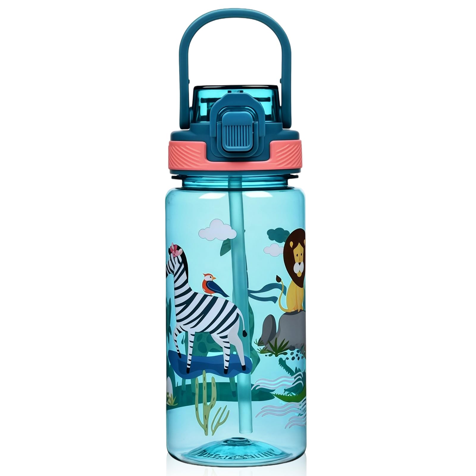 flintronic 600ML Kids Water Bottle with Straw & Carry Handle, Leakproof BPA Free Flip Nozzle Cartoon Sports Bottle, Portable Children's Drinks Bottle for School Picnic, Gift for Girls Boys (Blue)