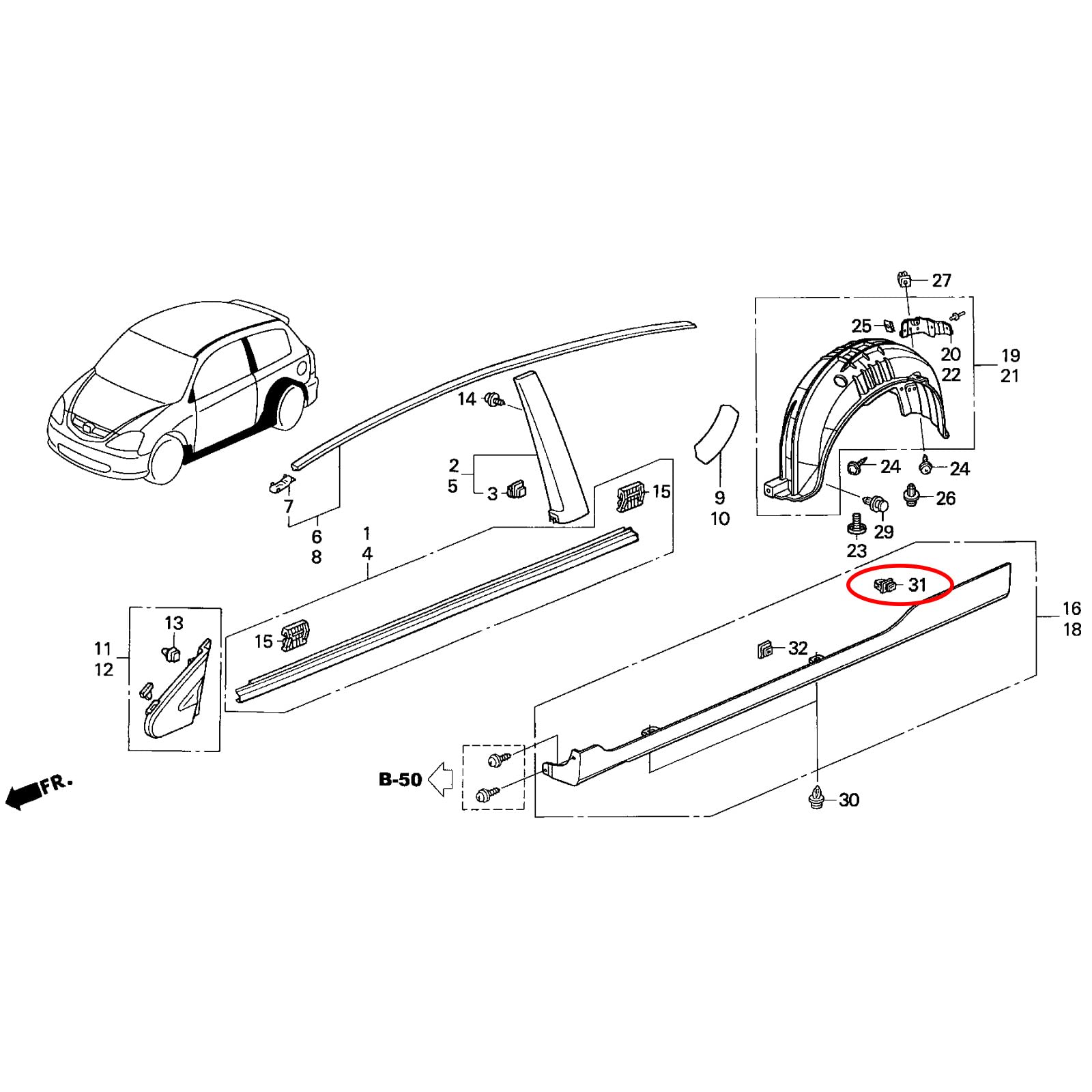 50 Pack Rocker Panel & Fender Molding Clips For Honda Accord 91504-SP1-003