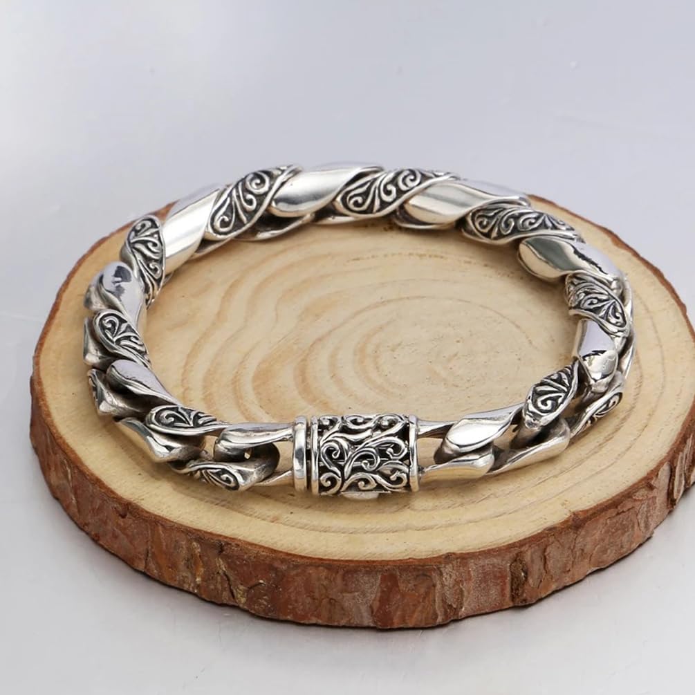 Hip-hop Stainless Steel Bracelet for Men, Hollowed Titanium Link Chain Carved with Ancient Grass Pattern, 21.5cm (8.46 inch)