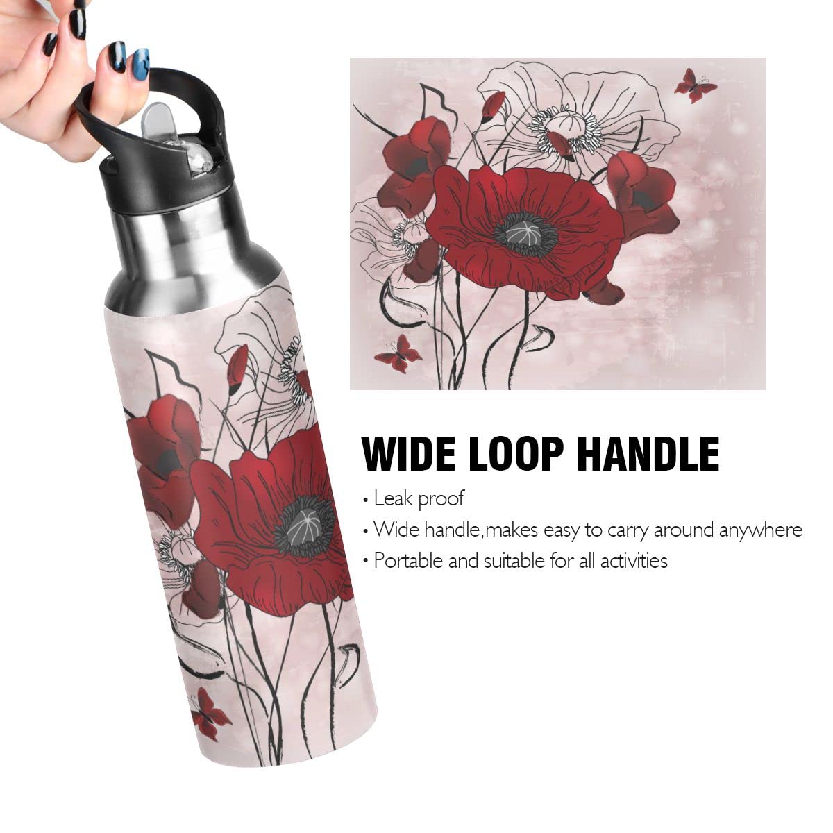 Edelstahl Wasserflasche mit Strohhalm, Mohnblumen mit Schmetterlingen Isolierte Trinkflasche Sport Wasserflasche für Kinder Erwachsene, auslaufsicher, 1L