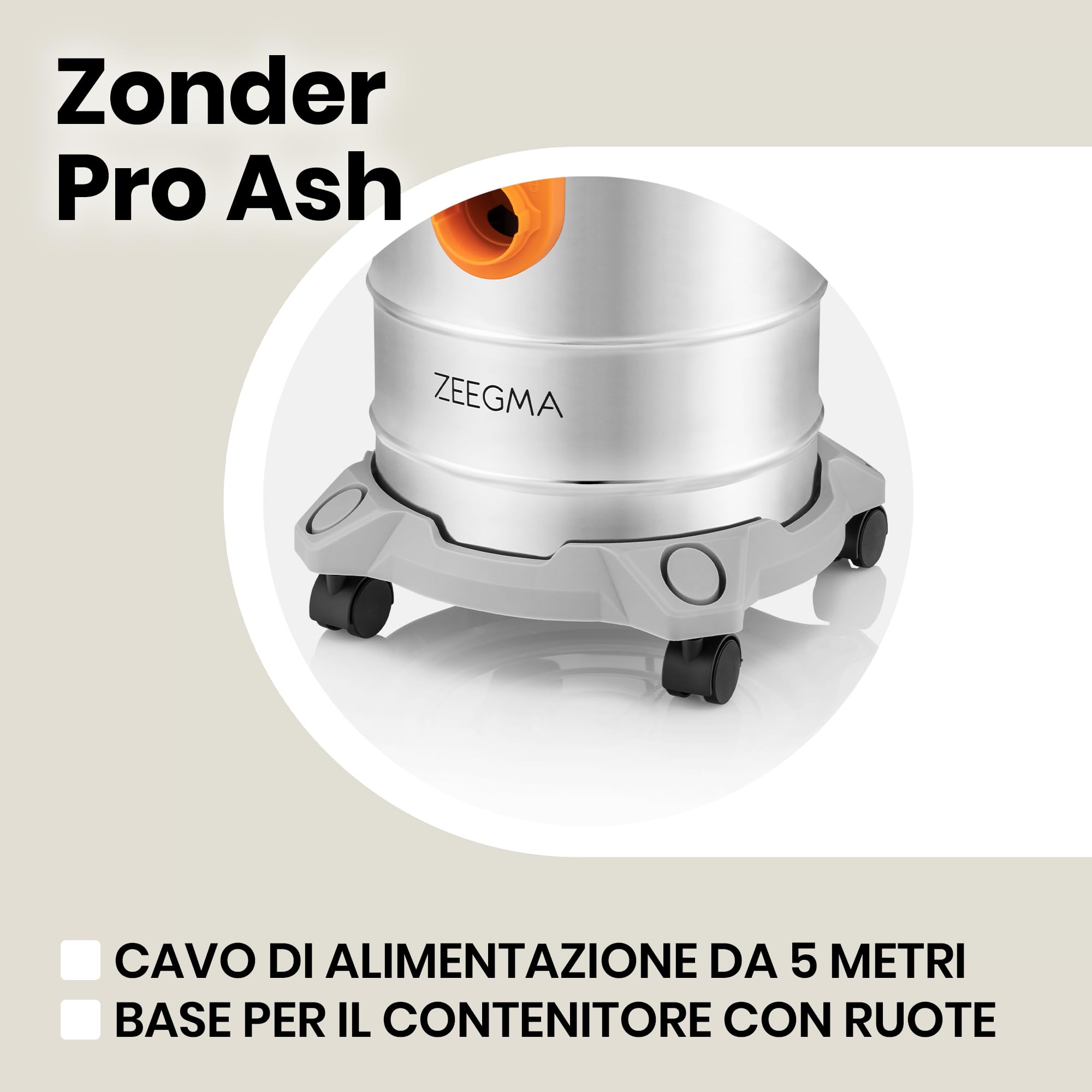 Zeegma ZONDER PRO ASH Aspirapolvere a secco per cenere e detriti, aspirapolvere industriale 1600 W, contenitore in acciaio inox 20 l, filtro HEPA, funzione di scarico cavo 5 m
