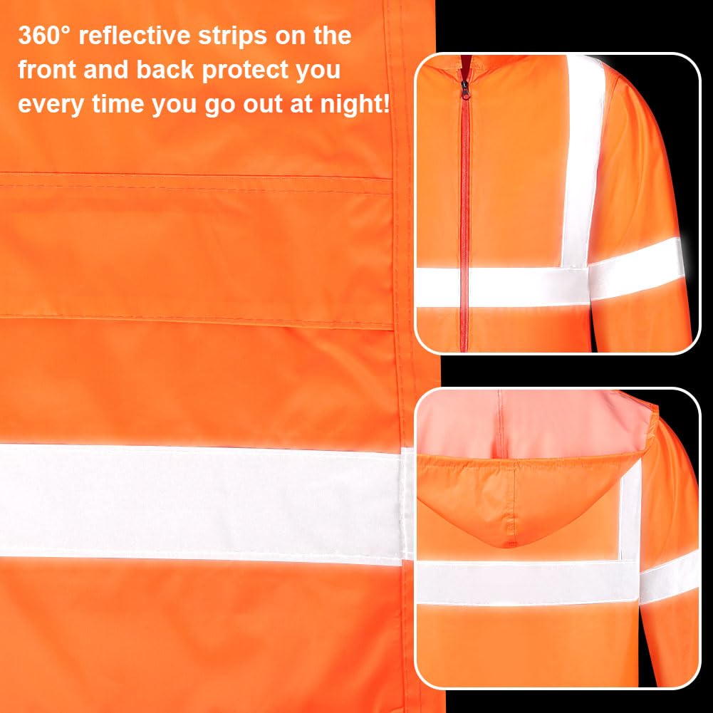 flintronic Veste De Pluie Haute-Visibilité pour Hommes, Imperméable Veste de sécurité avec réflecteurs, Imperméable Légère, Orange