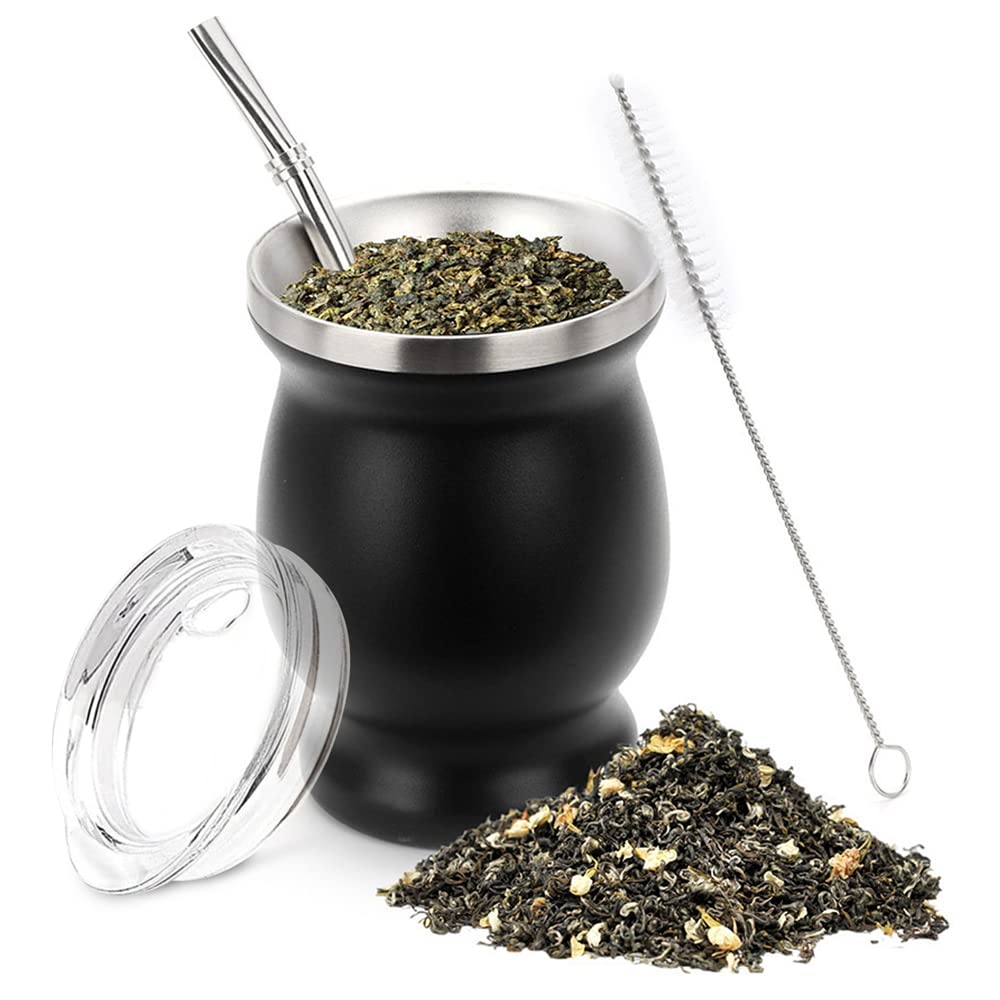 8 Oz Yerba Mate Cup, Yerba Mate Natural Gourd Tea Cup Set, Double Walled Stainless Steel Mate Tea Cup, Includes 1 Bombilla Straw, Cleaning Brush and Bpa Free Cover, for Mate Tea, Coffe, Drinks (Black)