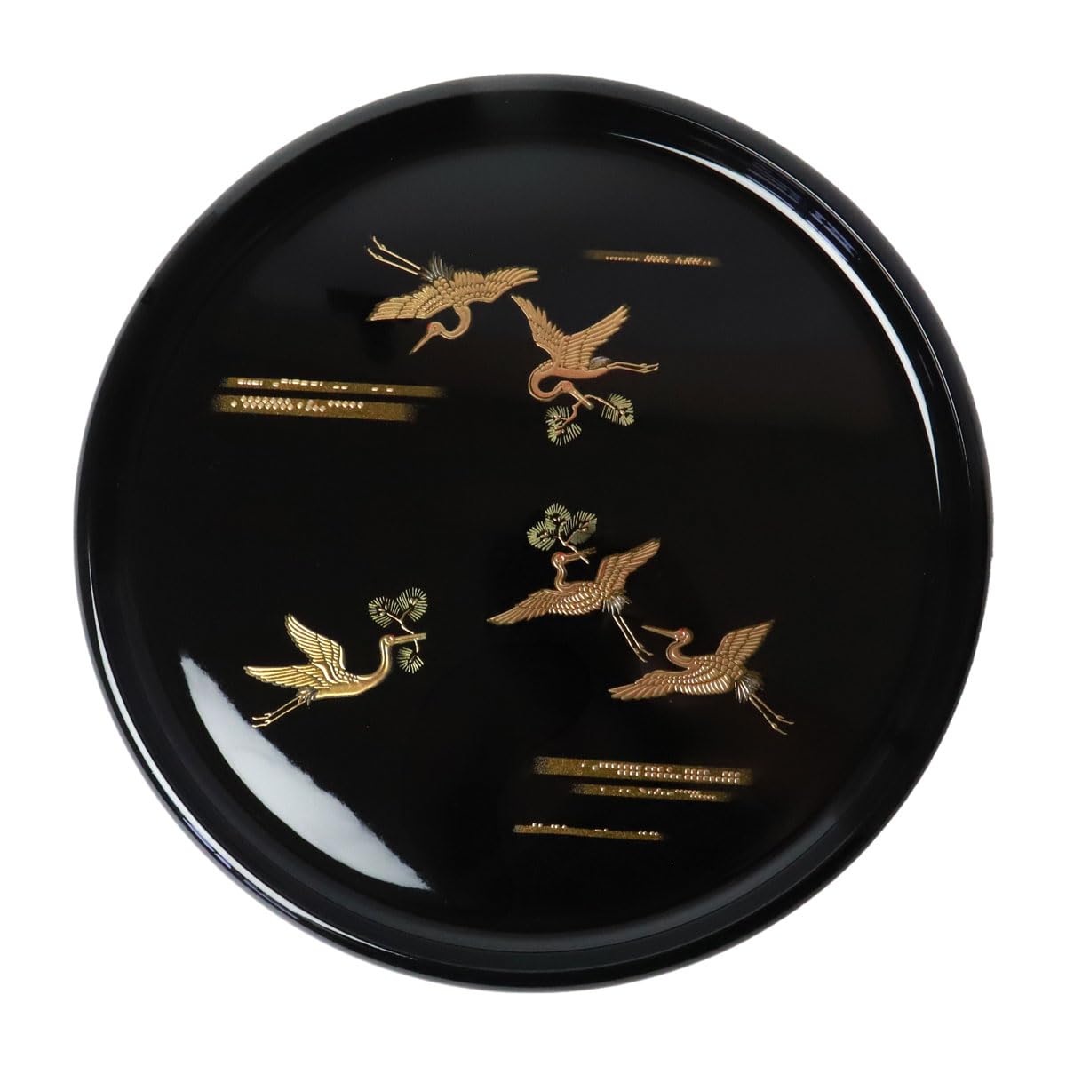 Kishu Lacquerware Round Tray 11.8in Crane Design Black Obon Made in Japan