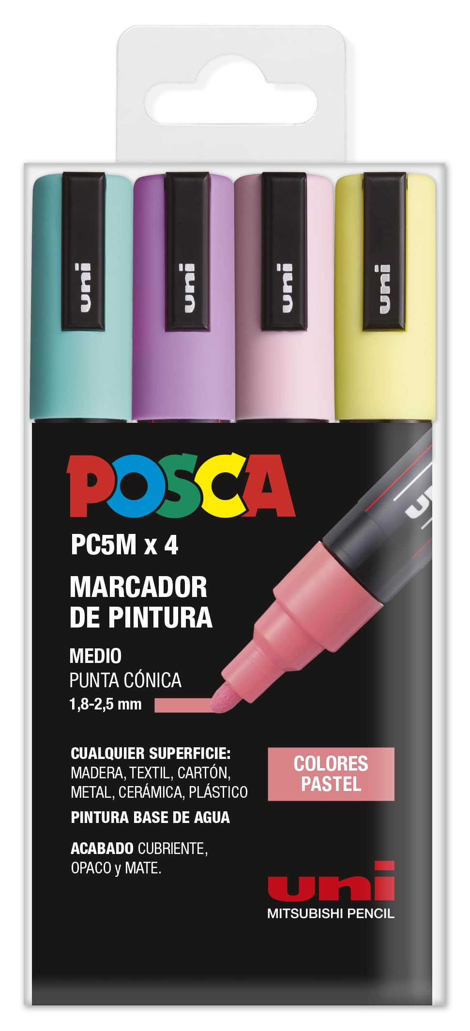 UNI Posca Estuche de 4 Rotuladores PC5M de Punta Cónica Colores Pástel