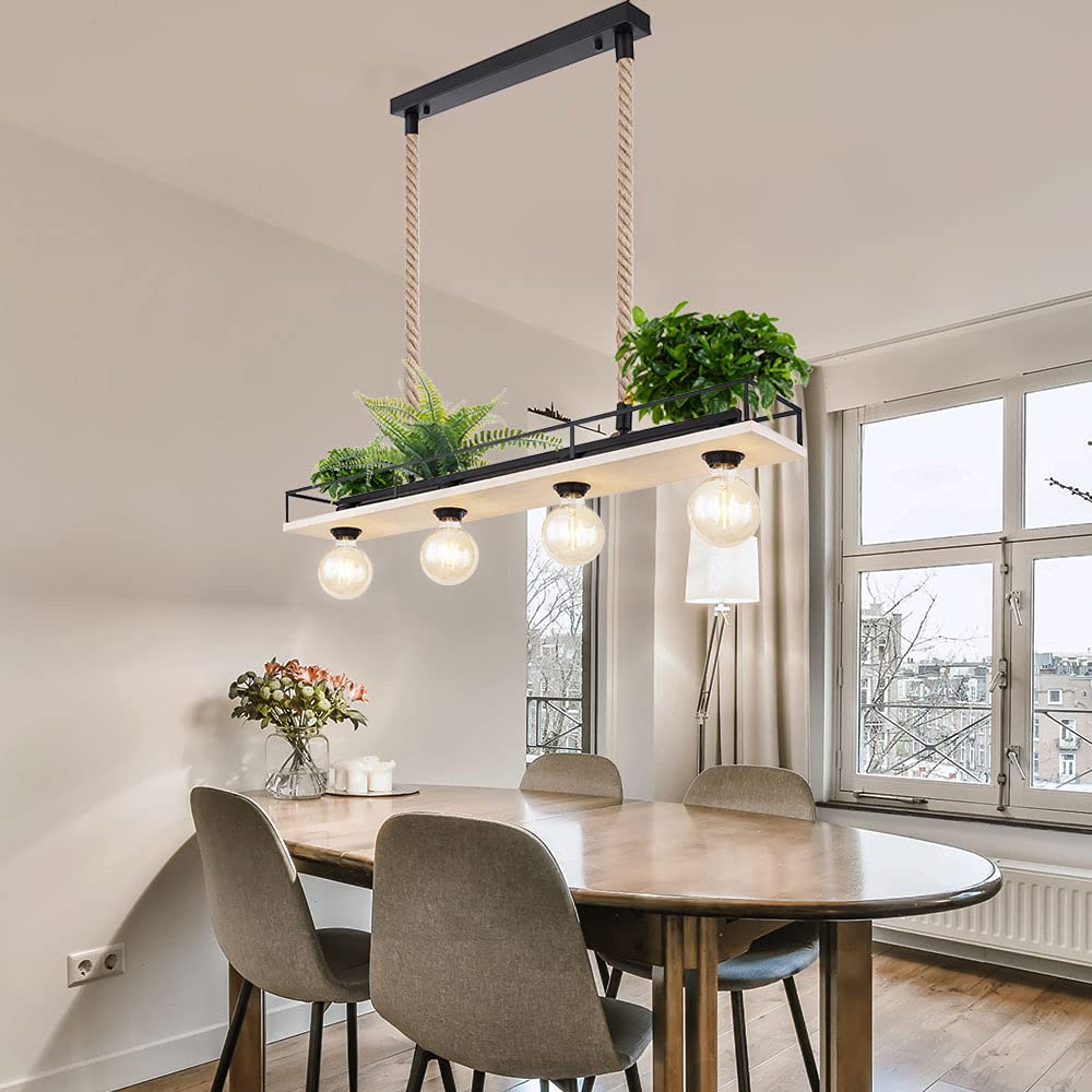 Hängelampe Holzleuchte Deckenleuchte Wohnzimmer Pendelleuchte mit Hanfseil, Metallrahmen mit Ablage schwarz, 4x E27, LxH 95x120 cm