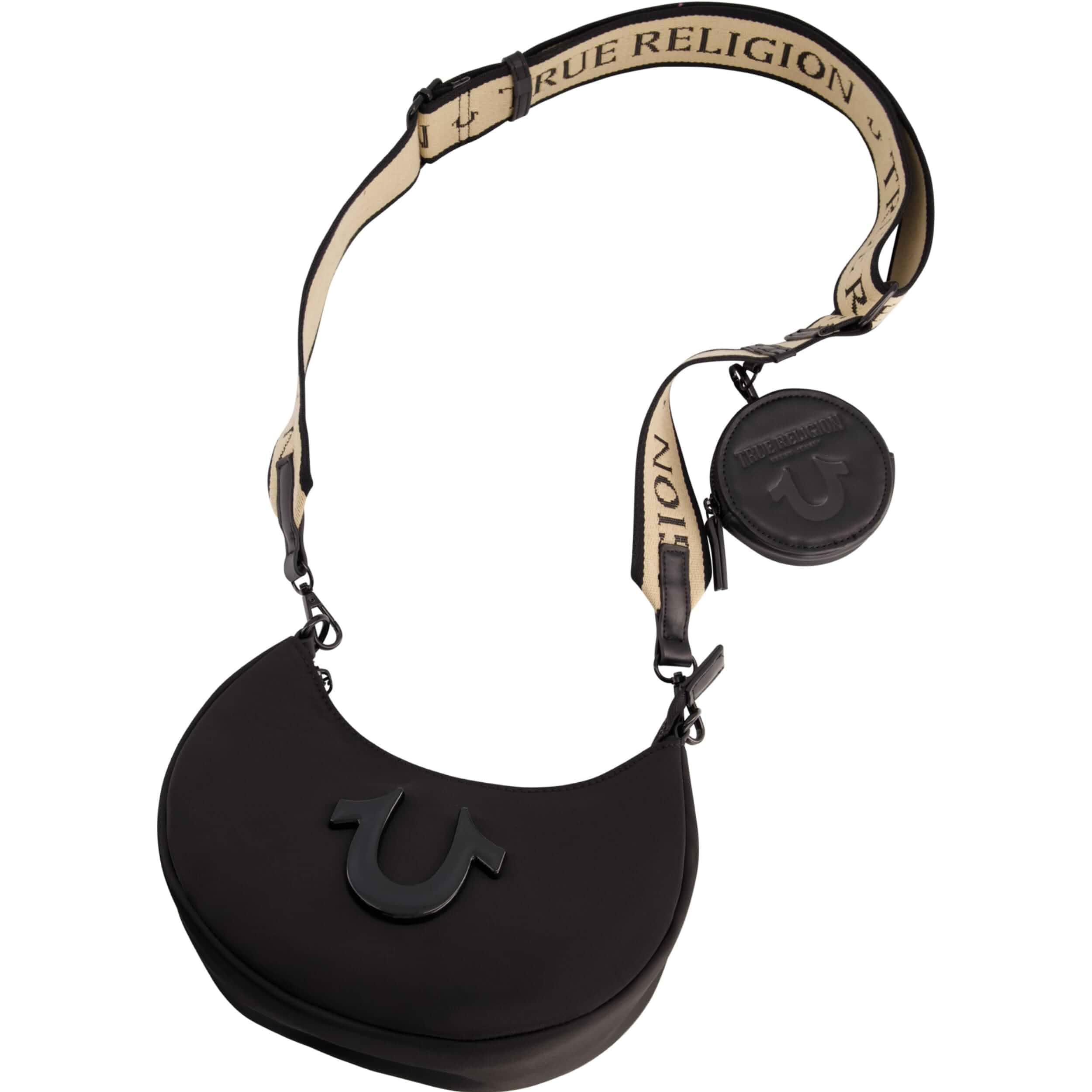 True Religion Women's Shoulder Bag, Black | Mini Crescent Hobo Handbag with Adjustable Crossbody Strap and Coin Purse