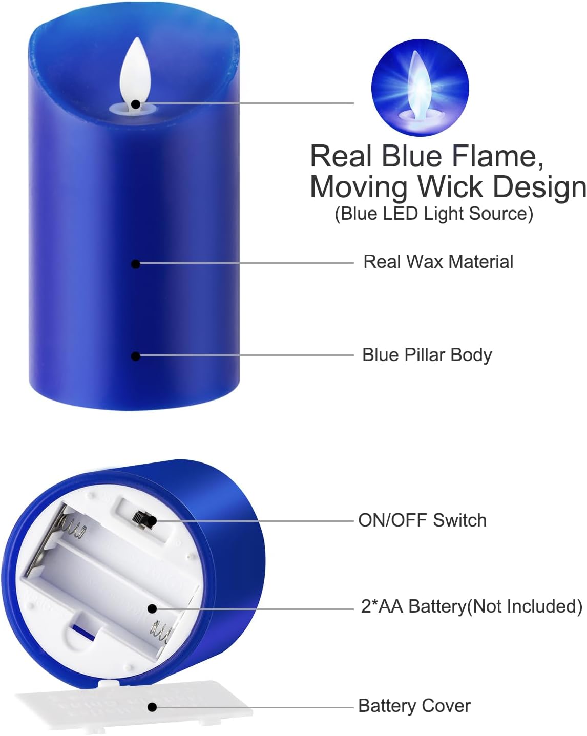 Blue Flame Candles (Blue LED Light Source), Moving Wick Design, Real Wax/Battery Operated, Remote Control with Timer and Dimmer