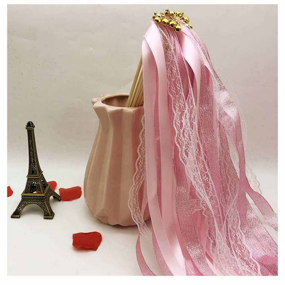 Egurs Varitas mágicas con cinta campanas para boda, 10 unidades, encaje de hadas, cinta de encaje, varitas mágicas de pared para bodas, Navidad, cumpleaños, fiestas, color rosa