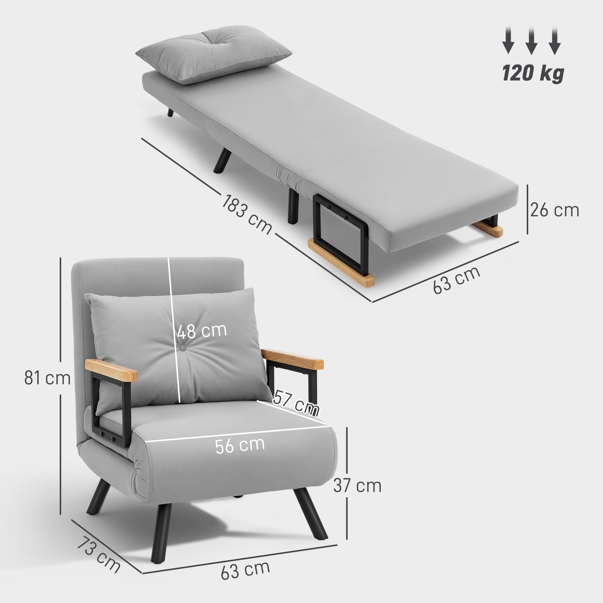 HOMCOM 1-Sitzer 4-in-1 Klapp-Sofa-Bett 63x73x81cm Hellgrau