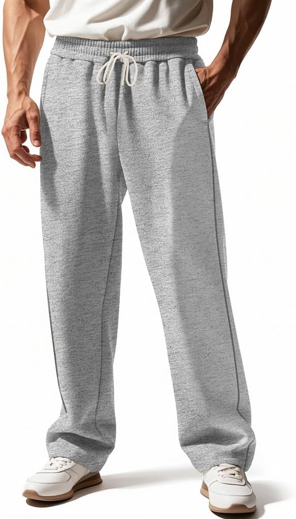 Men's Sweatpants Straight Leg Elastic Waist Baggy Lounge Pants Athletic Joggers Quilted Trousers with Pockets