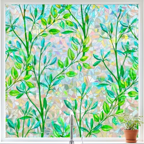 Green Leaves 3D Prism Window Film Privacy Rainbow...